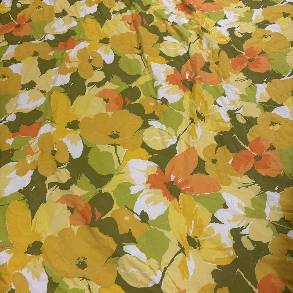VTG 60s 70s Green Orange Yellow Flower Power Quilted Bedspread 108